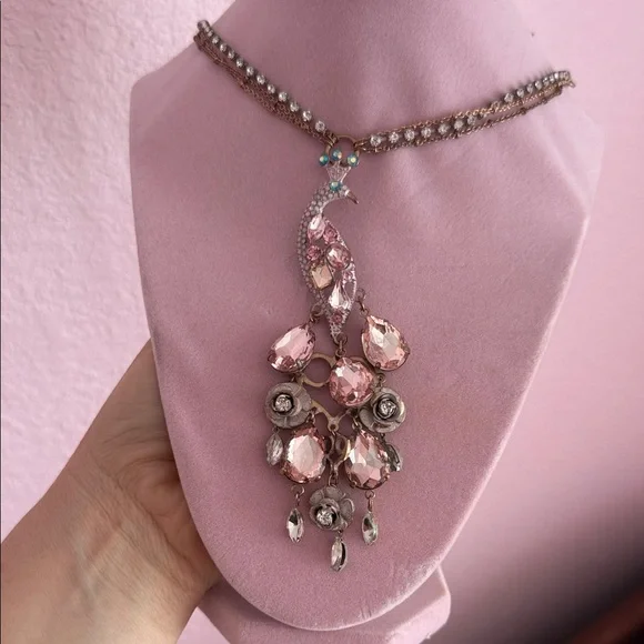 LONG Pink Crystal Peacock Drop Necklace - Women Jewelry - Picture 2 of 3